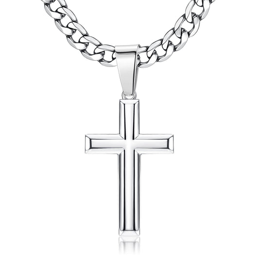 Chriscoco 925 Sterling Silber Kreuz Anhänger Halskette für Herren Damen Edelstahl Diamantschliff Figaro Kreuz Kette Halskette Poliert Abgeschrägten Kanten Kreuzanhänger Halskette