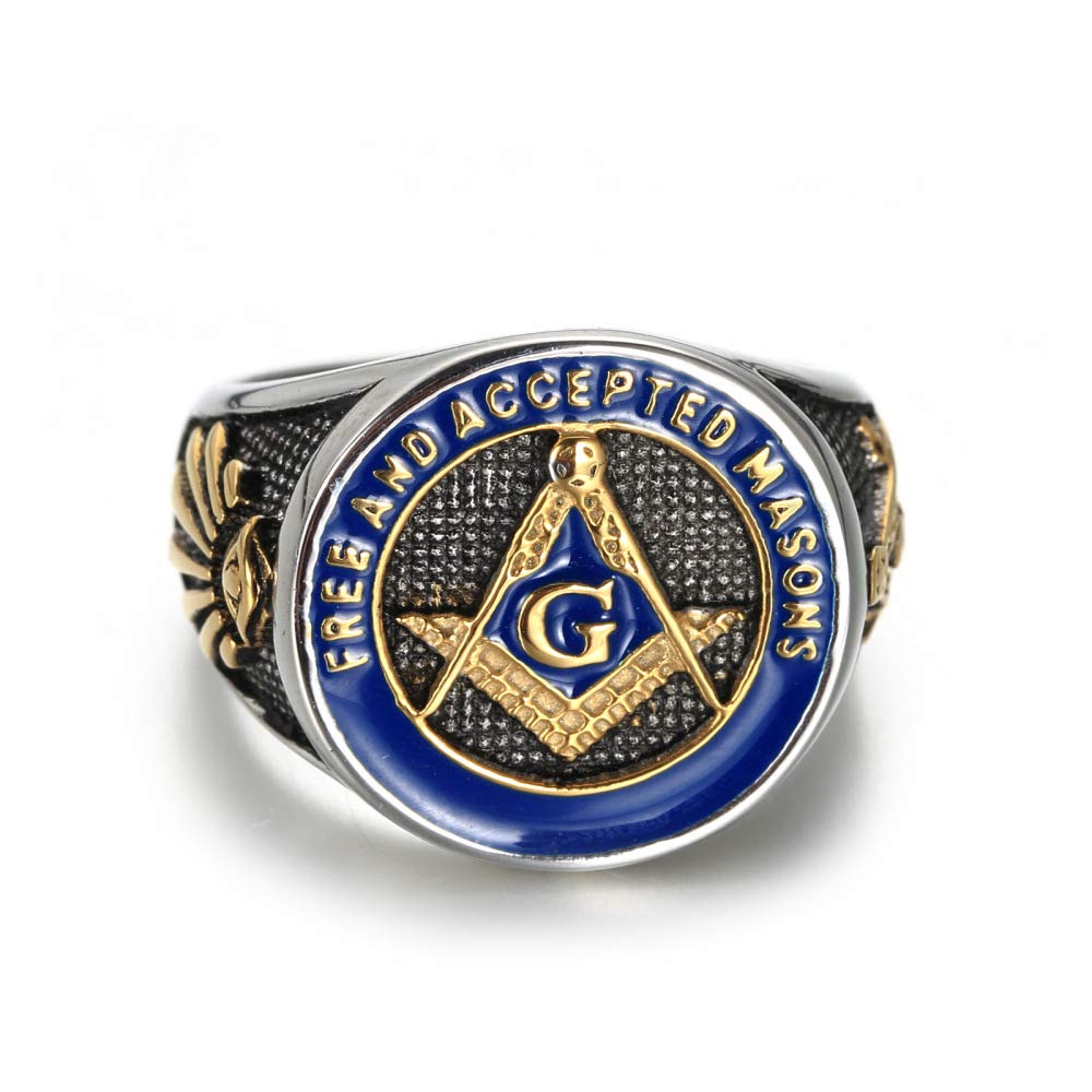 INRENG Men's Stainless Steel Vintage Freemason Masonic Biker Rings Blue Free and Accepted Masons Ring Band Gold Size 9