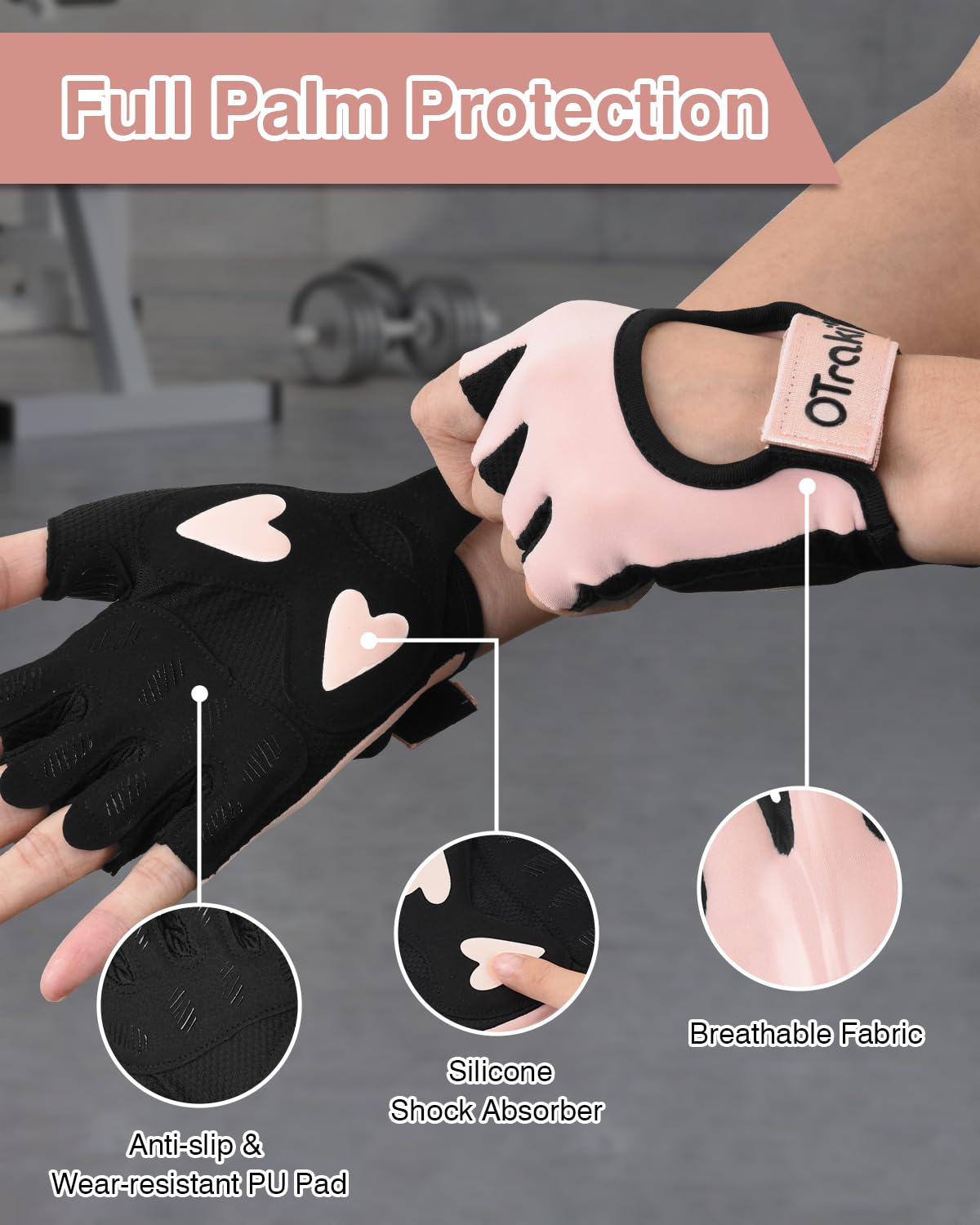 OTraki Gym Handschuhe für Frauen, Rosa Fitness Handschuhe Trainings mit Handgelenksstütze Anti Rutsch Silikon Gepolstert Palm Schutz Übung Gloves Gewichtheben für Krafttraining Bodybuilding Kraftsport