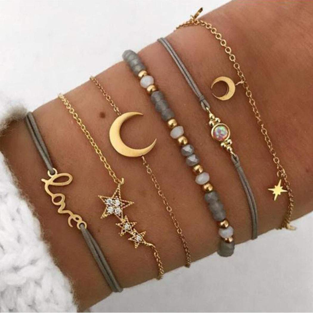 Handcess Boho Layered Crystal Star Armband Sets Gold Mond Hand Accessoires Weben Armbänder Perlen Handkette für Frauen und Mädchen (6 Stück)