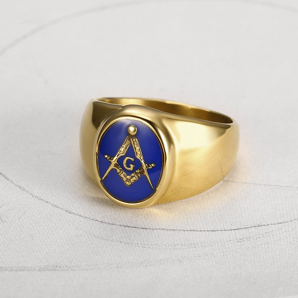 INRENG Stainless Steel Gold Plated Freemason Masonic Rings for Men Women Blue G Lodge Master Mason Signet Band Gold Size 10