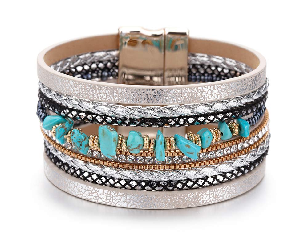 Fesciory Leather Wrap Bracelets for Women, Boho Leopard Multi-Layer Crystal Beads Cuff Bracelet Jewelry