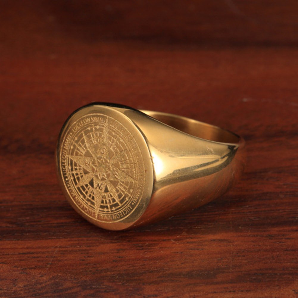 JAJAFOOK Mens Vintage Round Compass Signet Ring, Stainless Steel Nautical Compass Rings,Gold 9