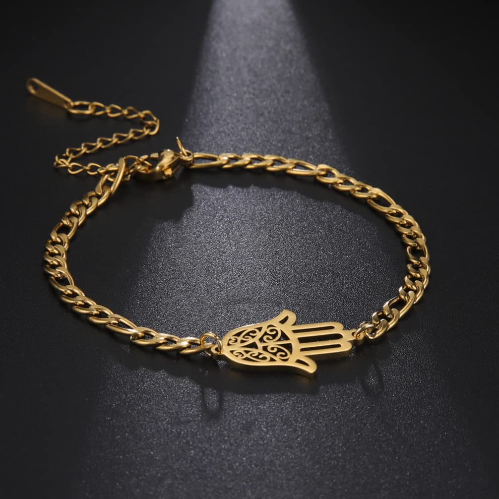 EUEAVAN Hamsa Hand der Fatima Armband Amulett Knöchelkette Fußkettchen Verstellbarer Anhänger Armreif Charme Armband Edelstahl Schmuck Geschenk Frauen Mädchen (Gold)