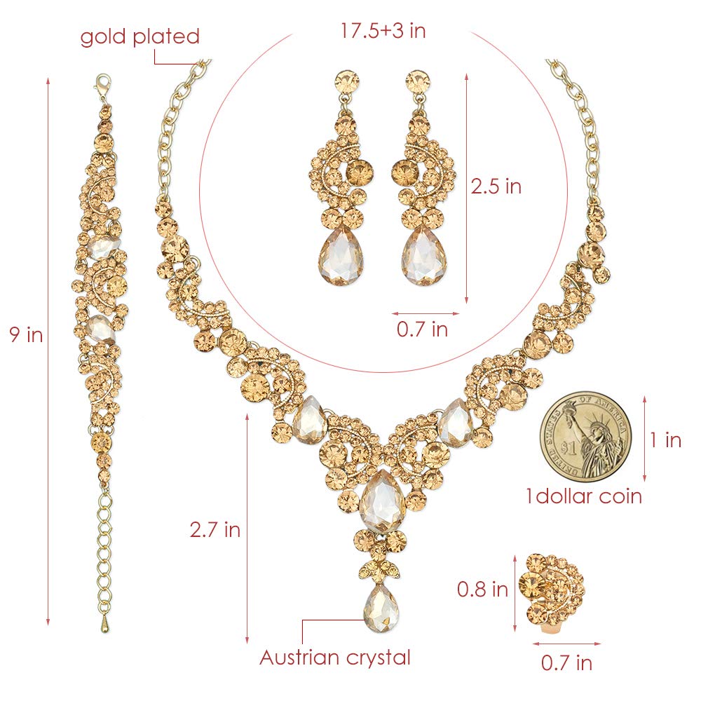 CSY 4 Pcs/Sets Elegant Crystal Necklace Earrings Bracelet Ring Bridal Wedding Costume Jewelry Sets for Brides Women Gifts (gold plated-champagne)