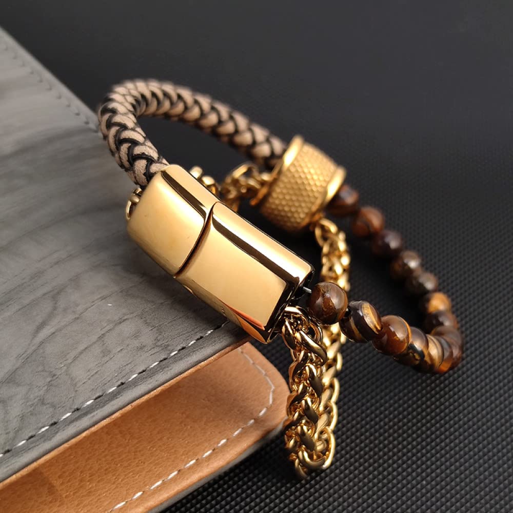 Herren Lederarmband,Herren Armbänder Leder Geflochtenes Lederarmband Golden Modeaccessoires Schnalle Goldene Kette Braunes Lederarmband Charm Schmuck Für Frauen Männer Geschenk 18 5 cm