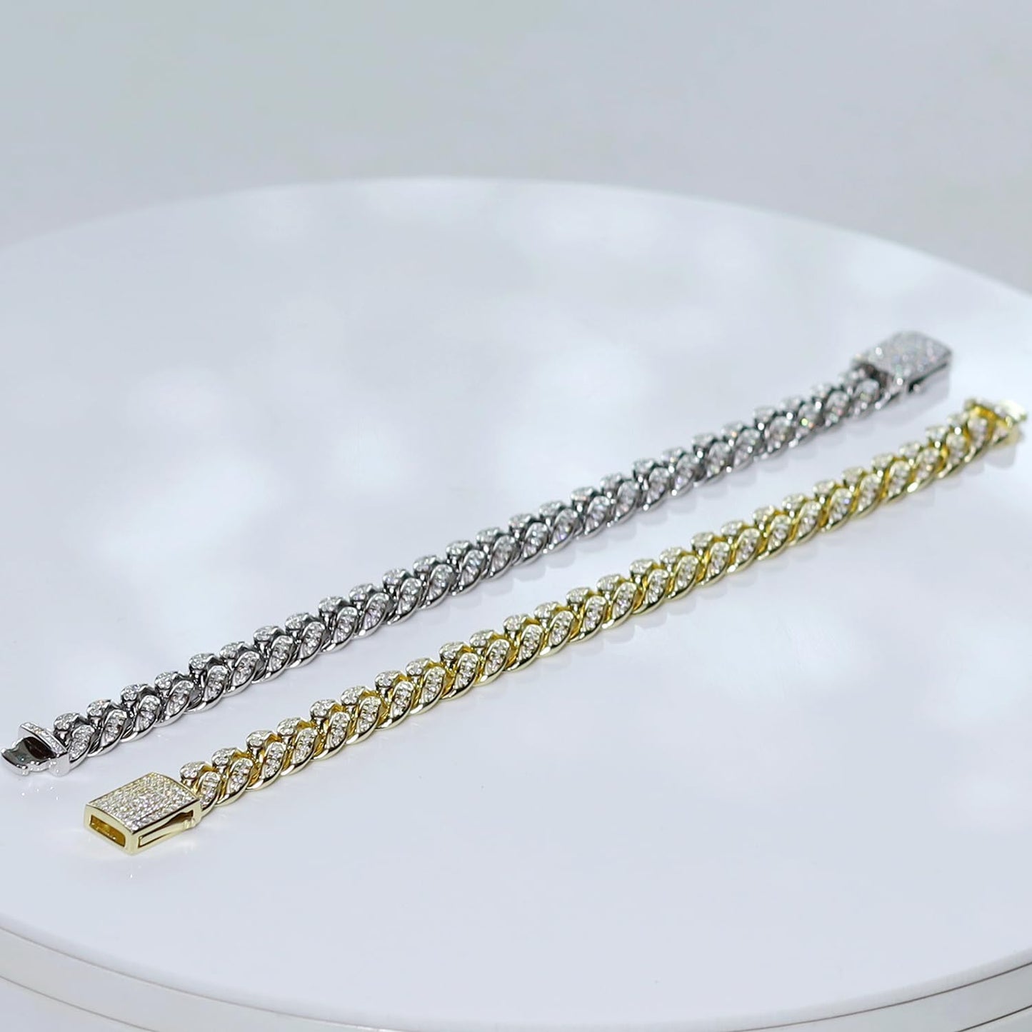 SAVEARTH DIAMONDS Round Lab Created Moissanite Diamond 10MM Width Cuban Chain Bracelet For Men In 14k Yellow Gold Over Sterling Silver (2.70 Ct) 7.5" Long