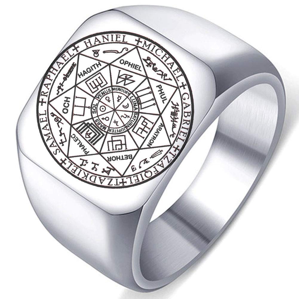 Dacai The Seals of The Seven Archangels Protection Amulet Seal Solomon Kabbalah Mens Womens Stainless Steel Polished Ring