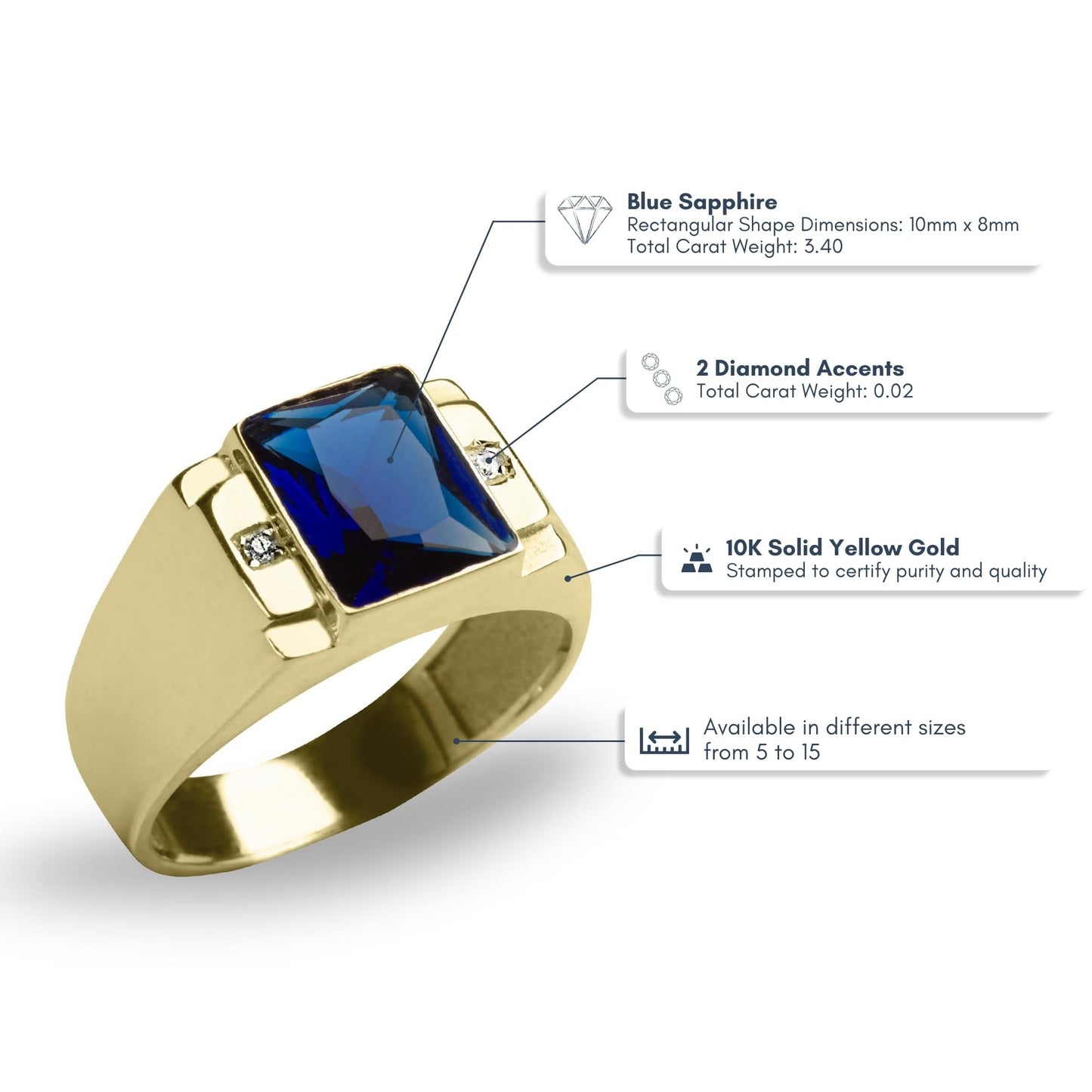 Blake's 10K Solid Yellow Gold Ring for Men with Baguette-Shape Blue Sapphire and 2 Diamond Accents, Men Fine Jewelry for Dad Men Gifts for Him, Men’s Jewelry (Size 5-15)