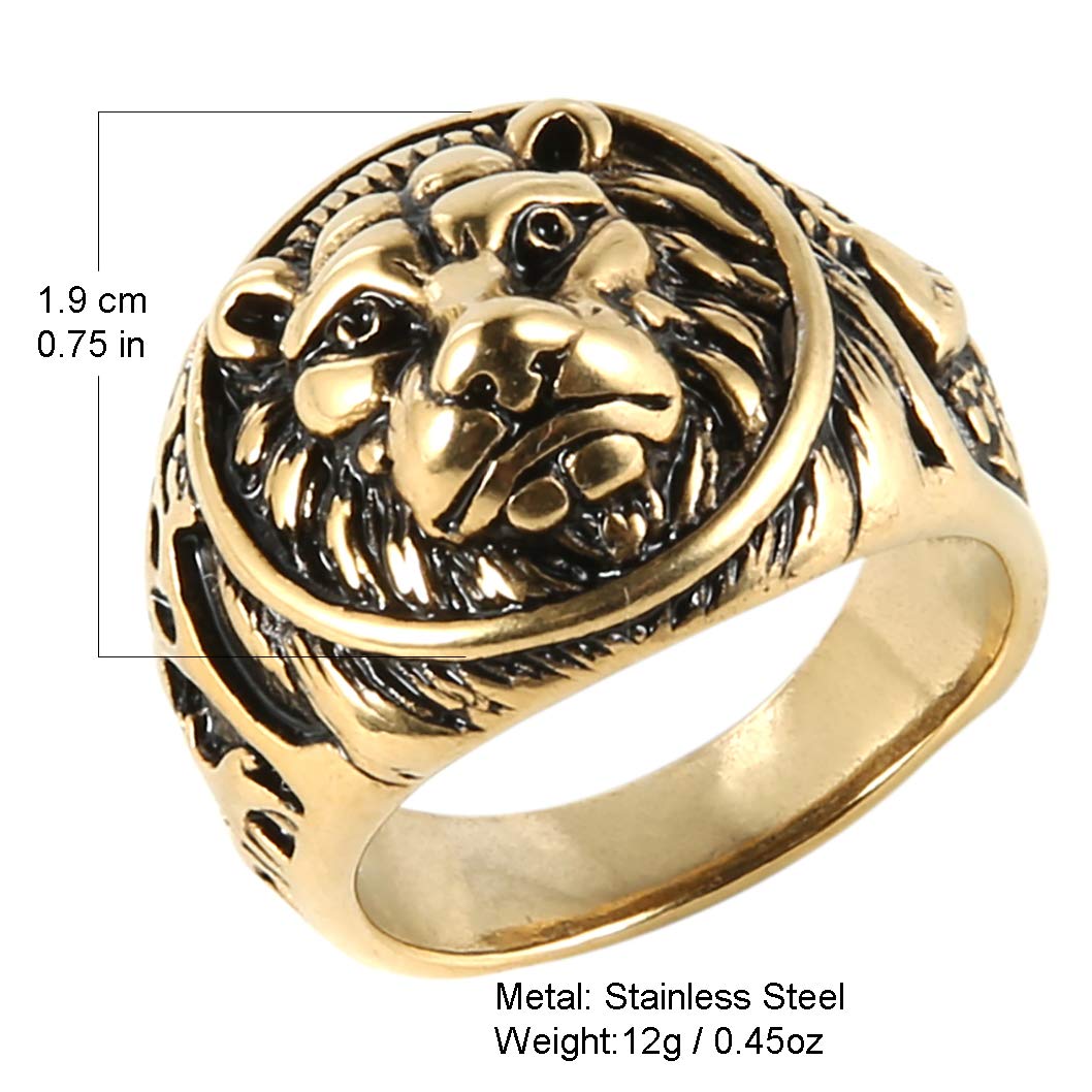 HZMAN Men's Vintage Stainless Steel Ring Lion Head Shield Biker Gold/Silver