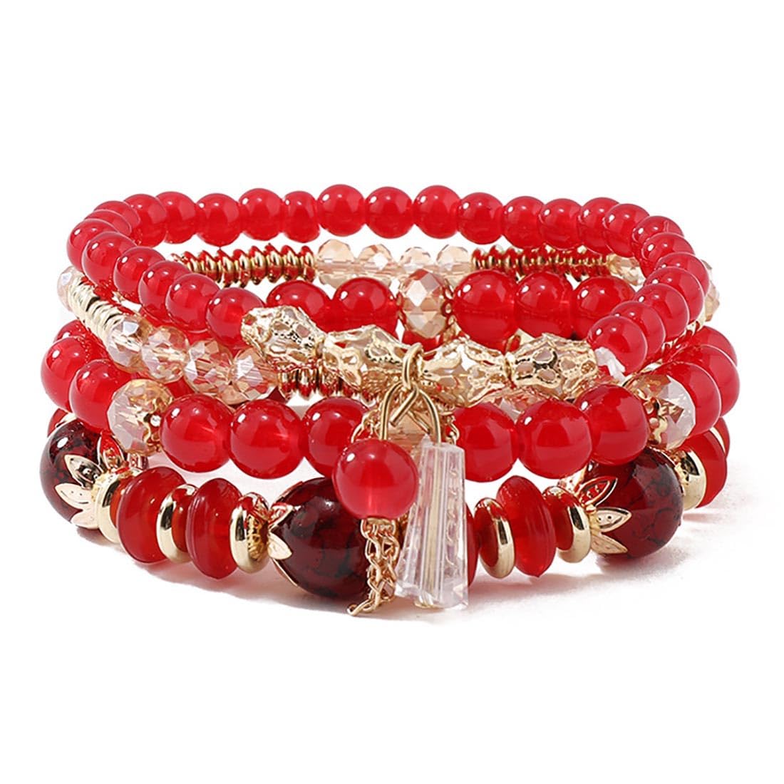 Prosy Multilayer Kristallperle Stapelbare Gold Armband Fantasy Armbänder Handgemachte Hand Zubehör Schmuck Einstellbar für Frauen und Mädchen (Rot)