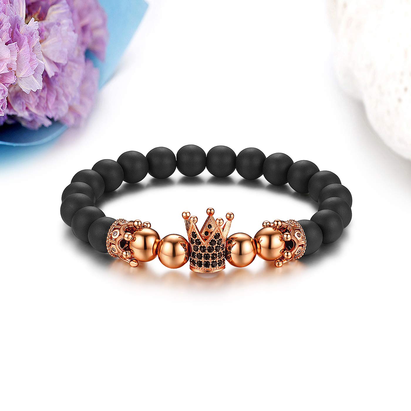 Flongo Energiearmband Kugelkette Lava Mala Herren Armband Damen Armreif Stein Kugel Perlen Armkette mit Krone Schwarz Rose Gold für Männer Frauen