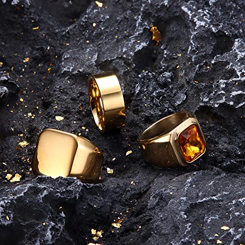 Dochais Mens Rings Set: 3pcs Stainless Steel Biker Rings, Signet Ring, Agate Ring - Size 7-13, Gold, Vintage