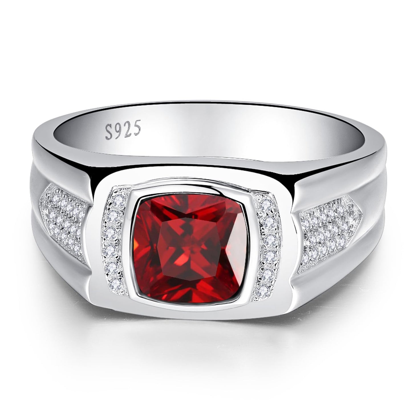 Yaresul Ruby Ring for Men Men's Silver Ring Mens Ruby Ring Red Stone Ring for Men 925 Sterling Silver Mens Ring Princess Cut Mens Wedding Band July Birthstone Ring Gift for Dad Size 10