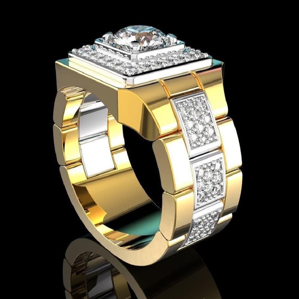 925 Sterling Silver Classic Fashion Watch Full Diamond Shiny Men's 18K Yellow Gold Two Tone Engagement Wedding Rings Cubic Zirconia Round Cut Hip Hop Rings Mens Cocktail Party Rings 644 (11)