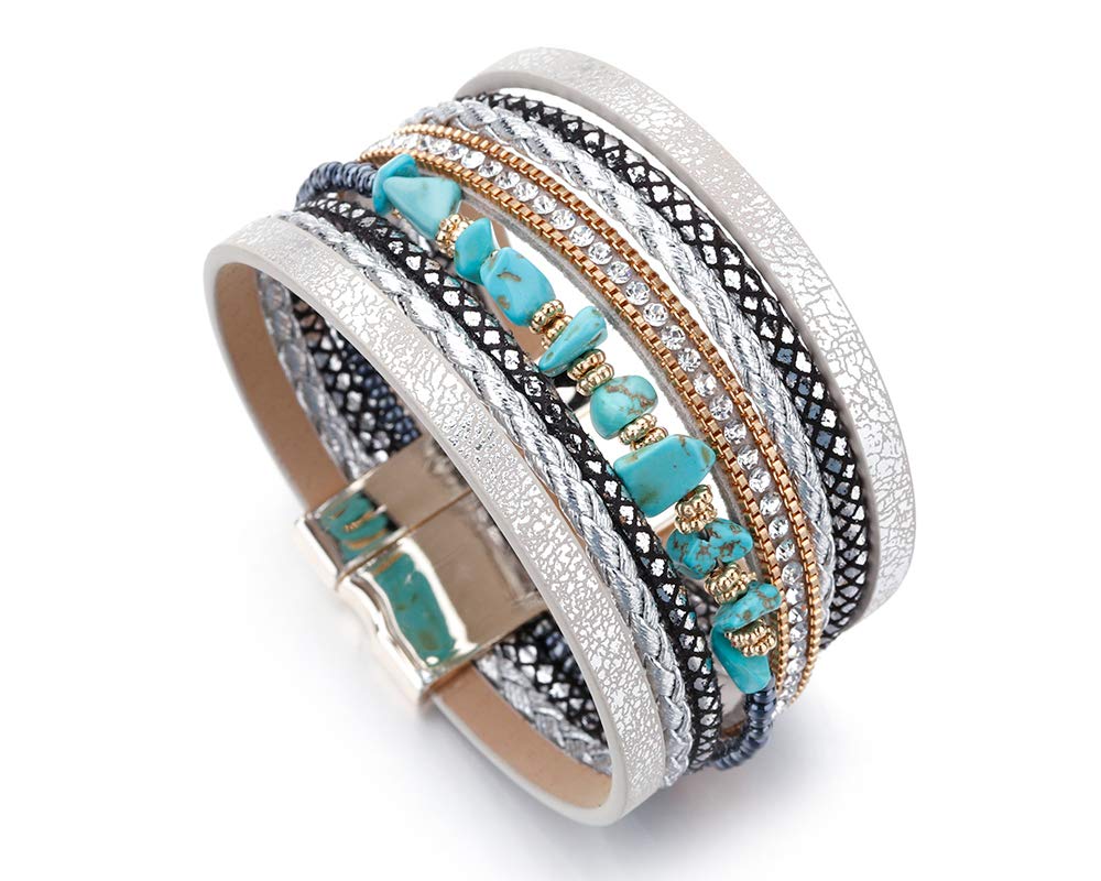 Fesciory Leather Wrap Bracelets for Women, Boho Leopard Multi-Layer Crystal Beads Cuff Bracelet Jewelry