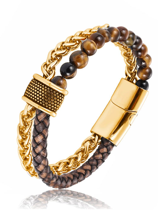 Herren Lederarmband,Herren Armbänder Leder Geflochtenes Lederarmband Golden Modeaccessoires Schnalle Goldene Kette Braunes Lederarmband Charm Schmuck Für Frauen Männer Geschenk 18 5 cm