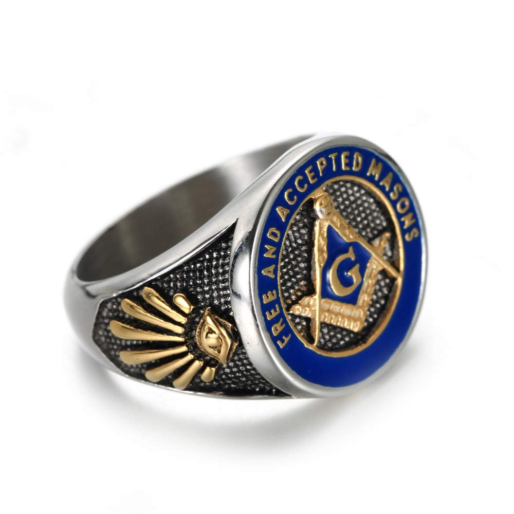 INRENG Men's Stainless Steel Vintage Freemason Masonic Biker Rings Blue Free and Accepted Masons Ring Band Gold Size 9