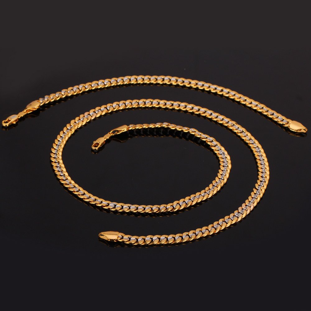 U7 Men Two-Tone Gold Chain Platinum & 18K Gold Plated Cuban Curb Chain Necklace Bracelet Set (18"/8.3")