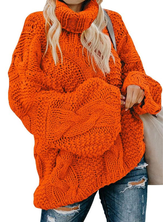 Dokotoo Women Fashion 2024 Winter Fall Sweater Casual Loose Cowl Neck Turtleneck Sweaters Long Sleeve Oversized Cable Knit Tops Tunic Pullover Warm Sweaters for Women Outerwear Orange XX-Large