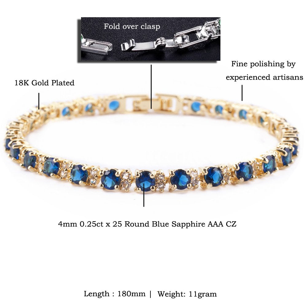 RIVA Ewigkeit Tennis Armband [18cm/7inch] mit Rundschliff Edelstein Zirkonia CZ [Blau Saphir] in 18K Gelbgold Vergoldet, Einfache Moderne Eleganz