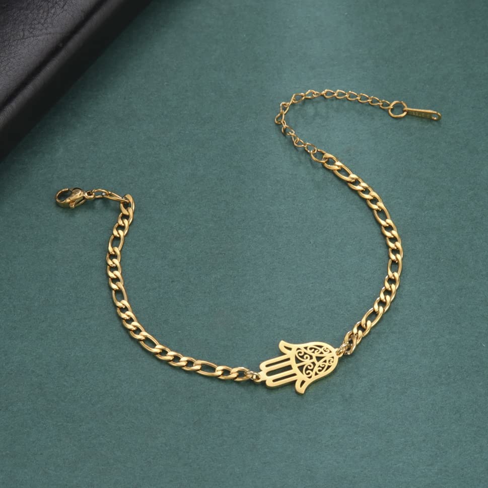 EUEAVAN Hamsa Hand der Fatima Armband Amulett Knöchelkette Fußkettchen Verstellbarer Anhänger Armreif Charme Armband Edelstahl Schmuck Geschenk Frauen Mädchen (Gold)