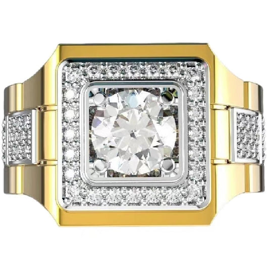 925 Sterling Silver Classic Fashion Watch Full Diamond Shiny Men's 18K Yellow Gold Two Tone Engagement Wedding Rings Cubic Zirconia Round Cut Hip Hop Rings Mens Cocktail Party Rings 644 (11)