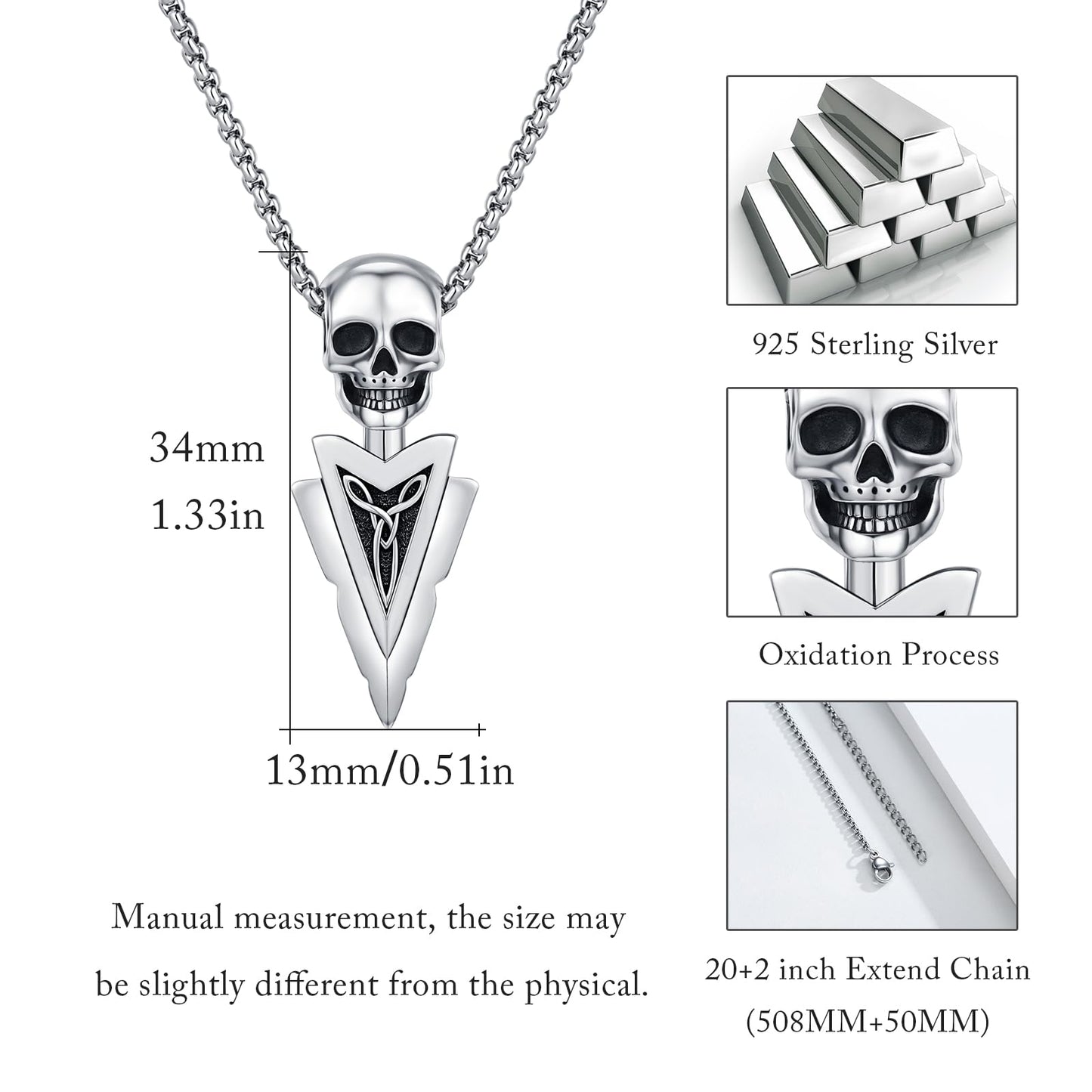 ZIPPICE Totenkopf Kette 925 Sterling Silber Totenkopf Pfeilspitze Halskette für Herren Halloween Totenkopf Anhänger Schädel Anhänger Goth Schmuck Schmuck Geschenke für Ehemann Herren Bruder