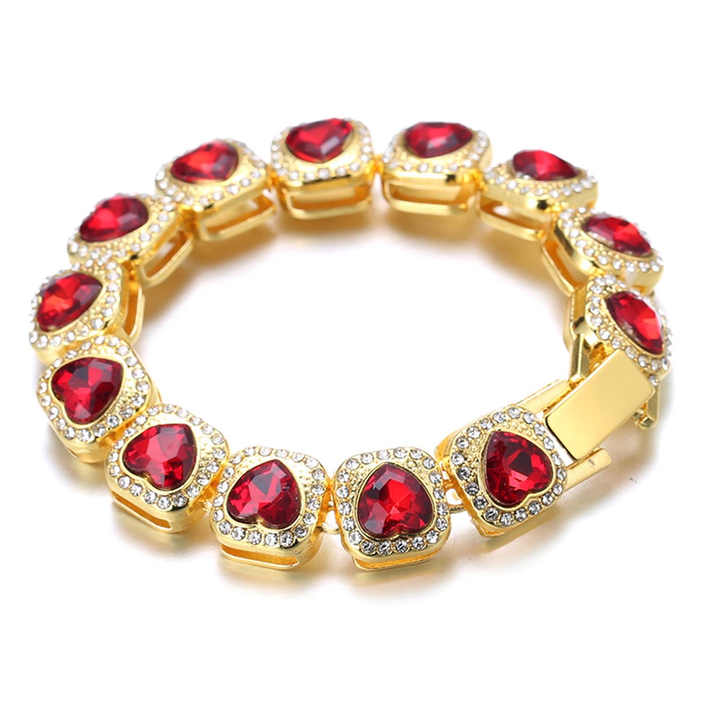 Halukakah Diamant Kubanische Kette für Männer,13MM 18k Echtgold Plattiert Liebendes Herz Rubin Diamant Armband 18cm,Zinken-Set Labordiamanten,mit Gratis Geschenkbox