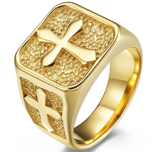 Jude Jewelers Stainless Steel Signet Style Christian Cross Religious Cocktail Party Biker Statement Wedding Ring (Gold, 8)