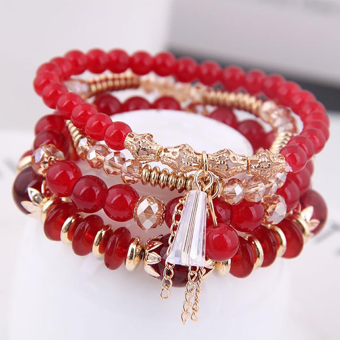 Prosy Multilayer Kristallperle Stapelbare Gold Armband Fantasy Armbänder Handgemachte Hand Zubehör Schmuck Einstellbar für Frauen und Mädchen (Rot)