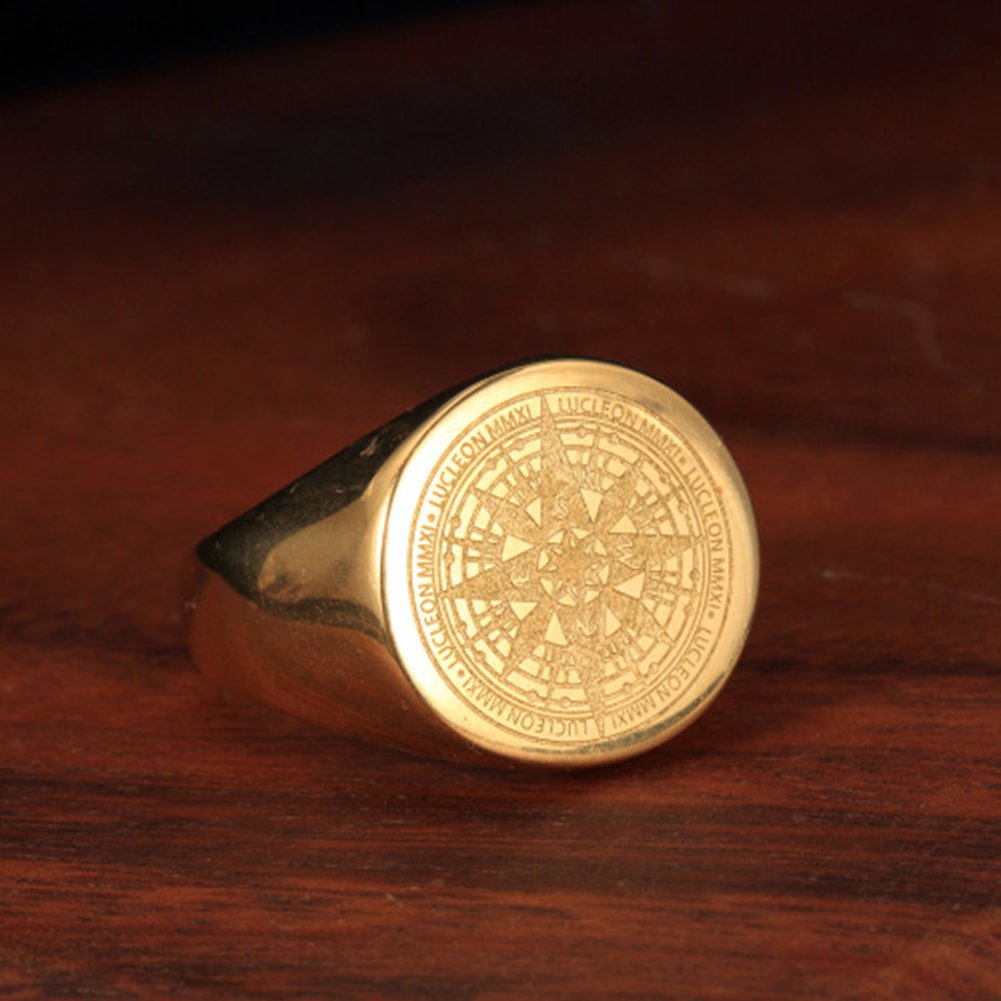 JAJAFOOK Mens Vintage Round Compass Signet Ring, Stainless Steel Nautical Compass Rings,Gold 9