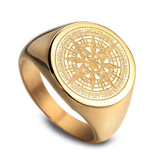 JAJAFOOK Mens Vintage Round Compass Signet Ring, Stainless Steel Nautical Compass Rings,Gold 9