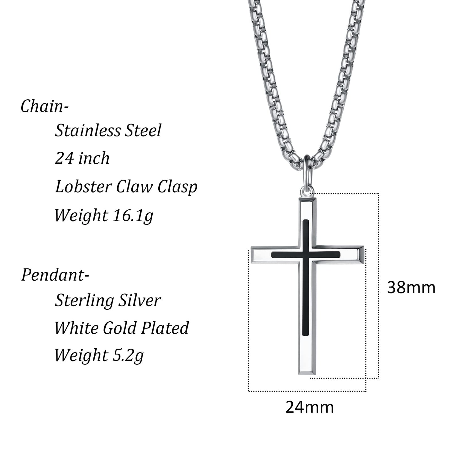 FANCIME Kreuz Halskette mit 925 Sterling Schwarz Kreuz Silber Anhänger, Edelstahl Kette Schmuck für Herren Jungs Kinder - Kettenlänge: 60 cm