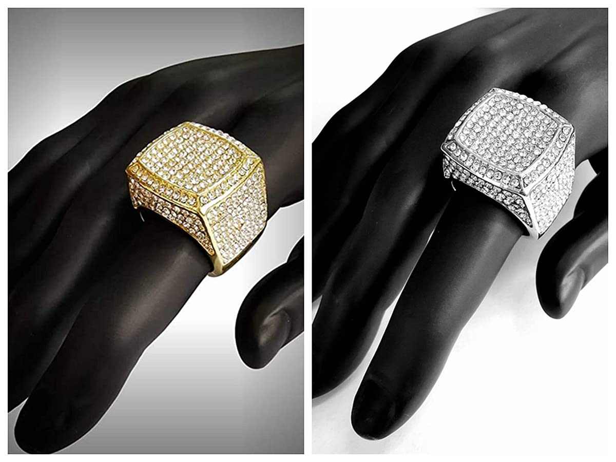 HH BLING EMPIRE Iced Out Silver Gold Rings for Men, Bling Hip Hop Diamond Men Rings, Big Square Men Rings Gold Size #9