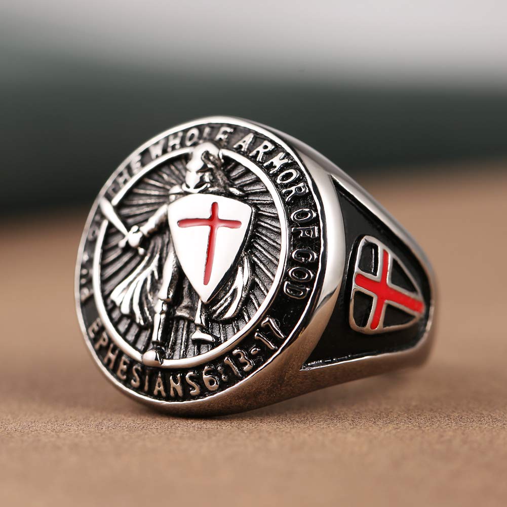 HZMAN Knights Templar Put On The Whole Armor of God Ephesians 6:13-21 Red Cross Design Men's Stainless Steel Ring