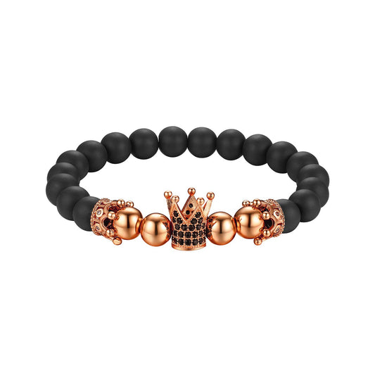 Flongo Energiearmband Kugelkette Lava Mala Herren Armband Damen Armreif Stein Kugel Perlen Armkette mit Krone Schwarz Rose Gold für Männer Frauen