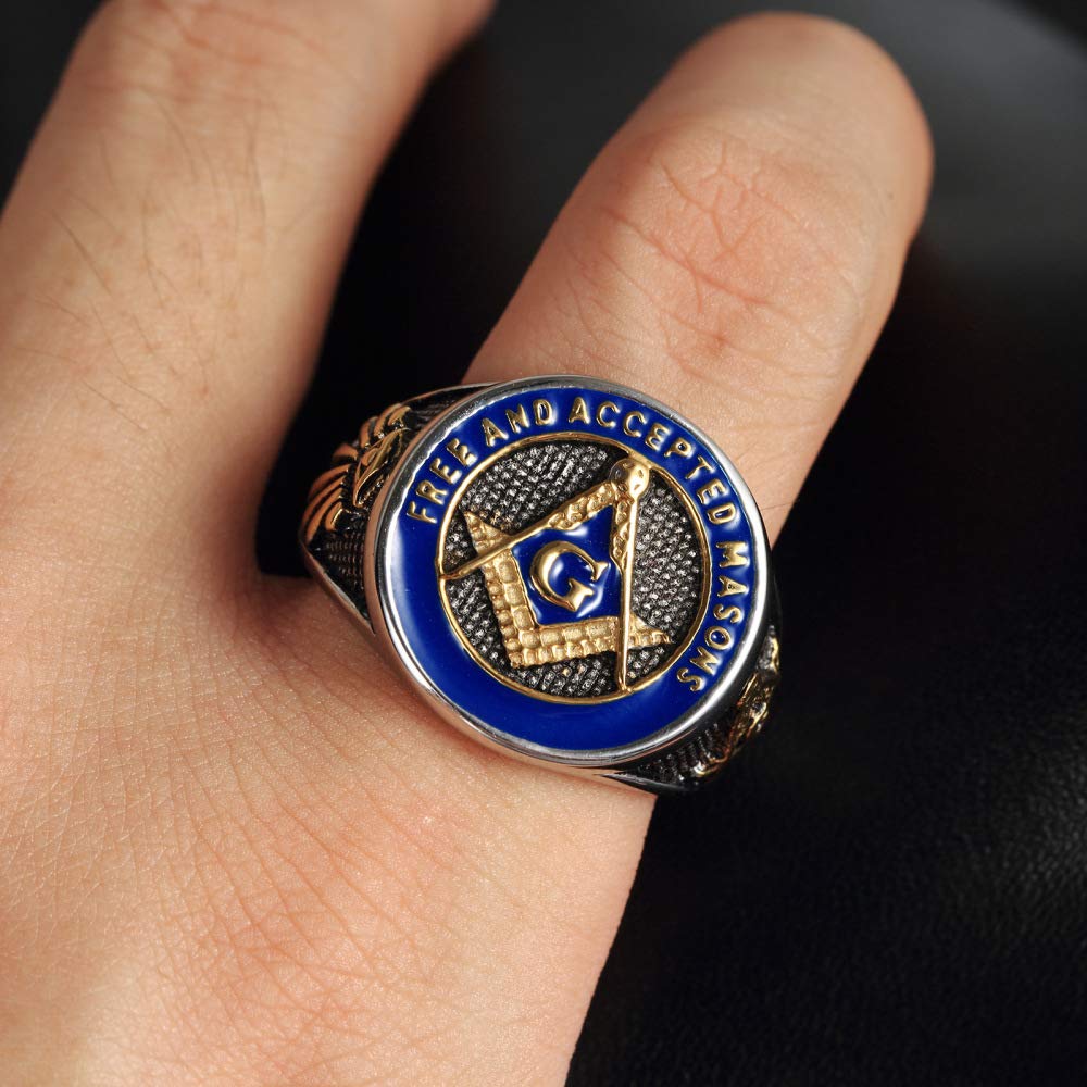 INRENG Men's Stainless Steel Vintage Freemason Masonic Biker Rings Blue Free and Accepted Masons Ring Band Gold Size 9