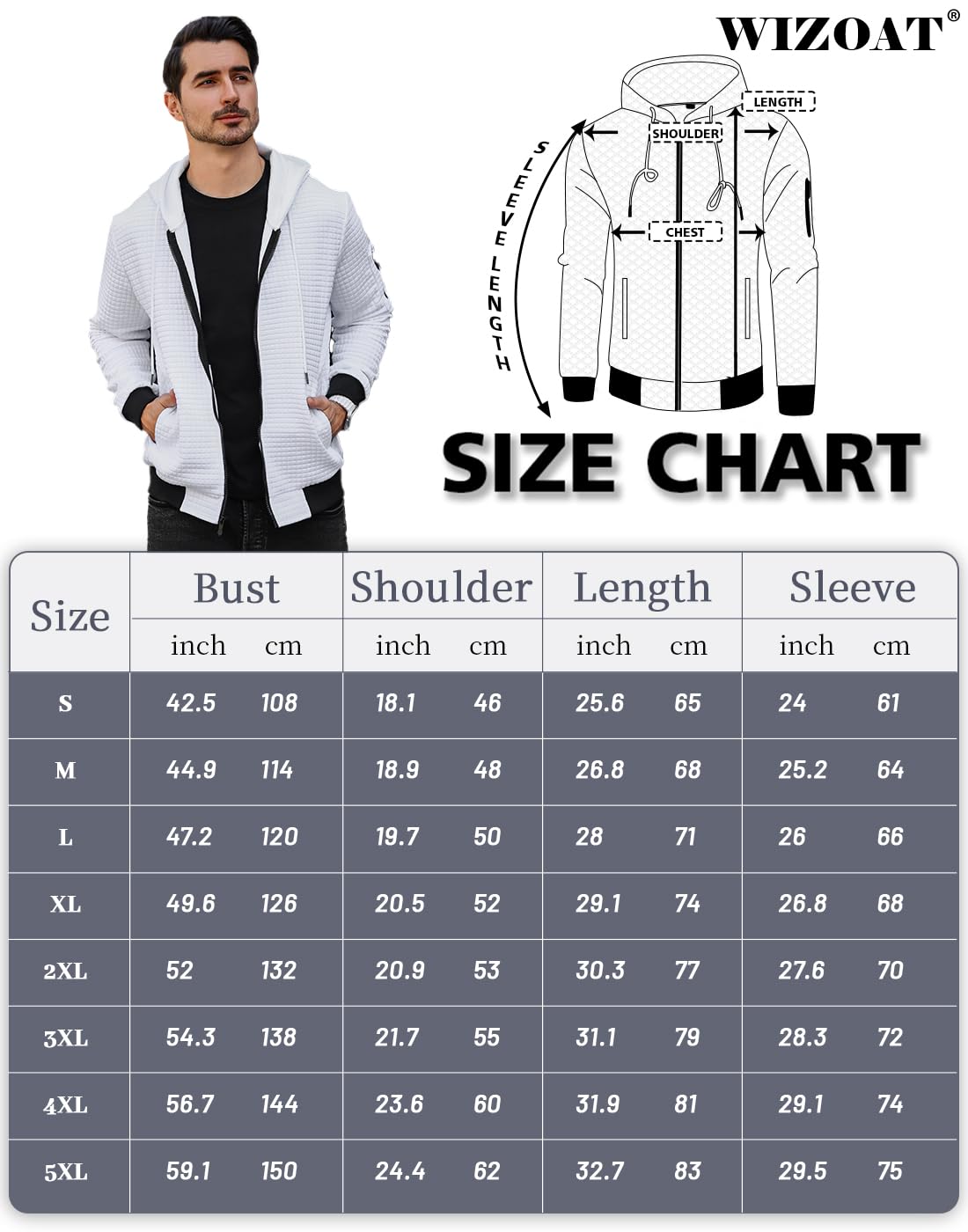 Wizoat Mens Zip Up Hoodie Full-Zip Sweatshirt Lightweight Loose Fit Hooded Jackets White