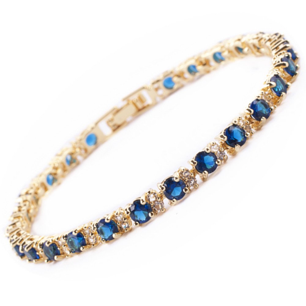 RIVA Ewigkeit Tennis Armband [18cm/7inch] mit Rundschliff Edelstein Zirkonia CZ [Blau Saphir] in 18K Gelbgold Vergoldet, Einfache Moderne Eleganz