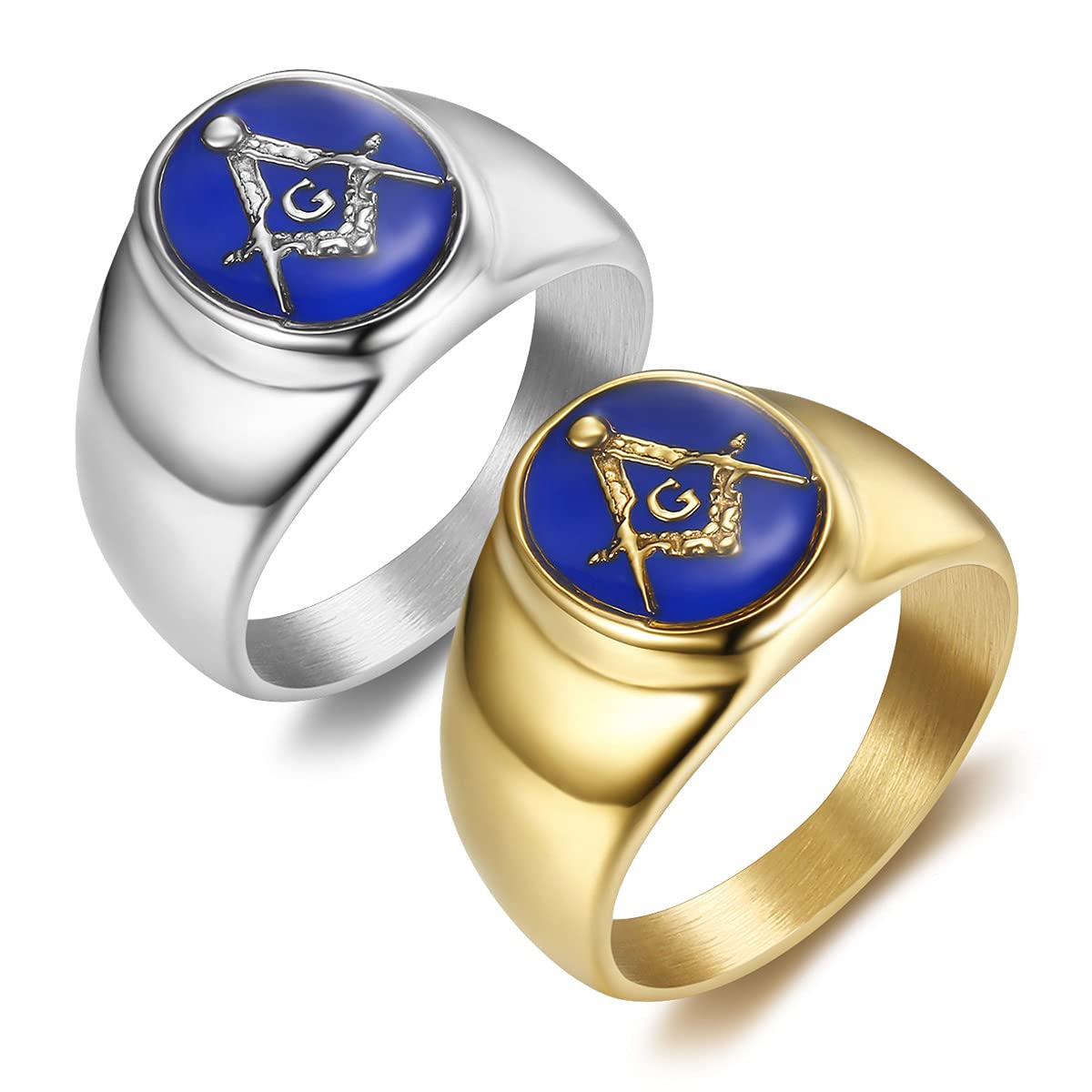 INRENG Stainless Steel Gold Plated Freemason Masonic Rings for Men Women Blue G Lodge Master Mason Signet Band Gold Size 10