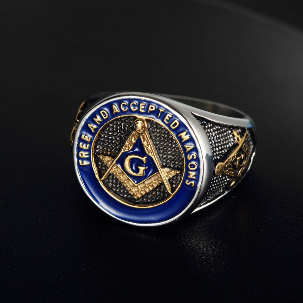 INRENG Men's Stainless Steel Vintage Freemason Masonic Biker Rings Blue Free and Accepted Masons Ring Band Gold Size 9