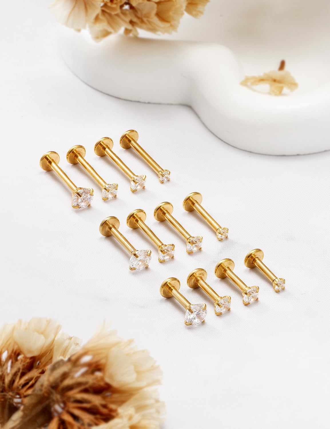 16G Tragus Labret Medusa Piercing Jewelry Internally Threaded Stainless Steel Conch Piercing Jewelry Monroe Lip Rings Different Size Cartilage Nail Helix Earring Stud Bar 6mm 8mm 10mm Goldtone