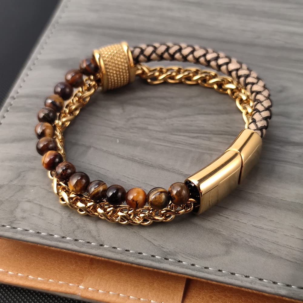 Herren Lederarmband,Herren Armbänder Leder Geflochtenes Lederarmband Golden Modeaccessoires Schnalle Goldene Kette Braunes Lederarmband Charm Schmuck Für Frauen Männer Geschenk 18 5 cm