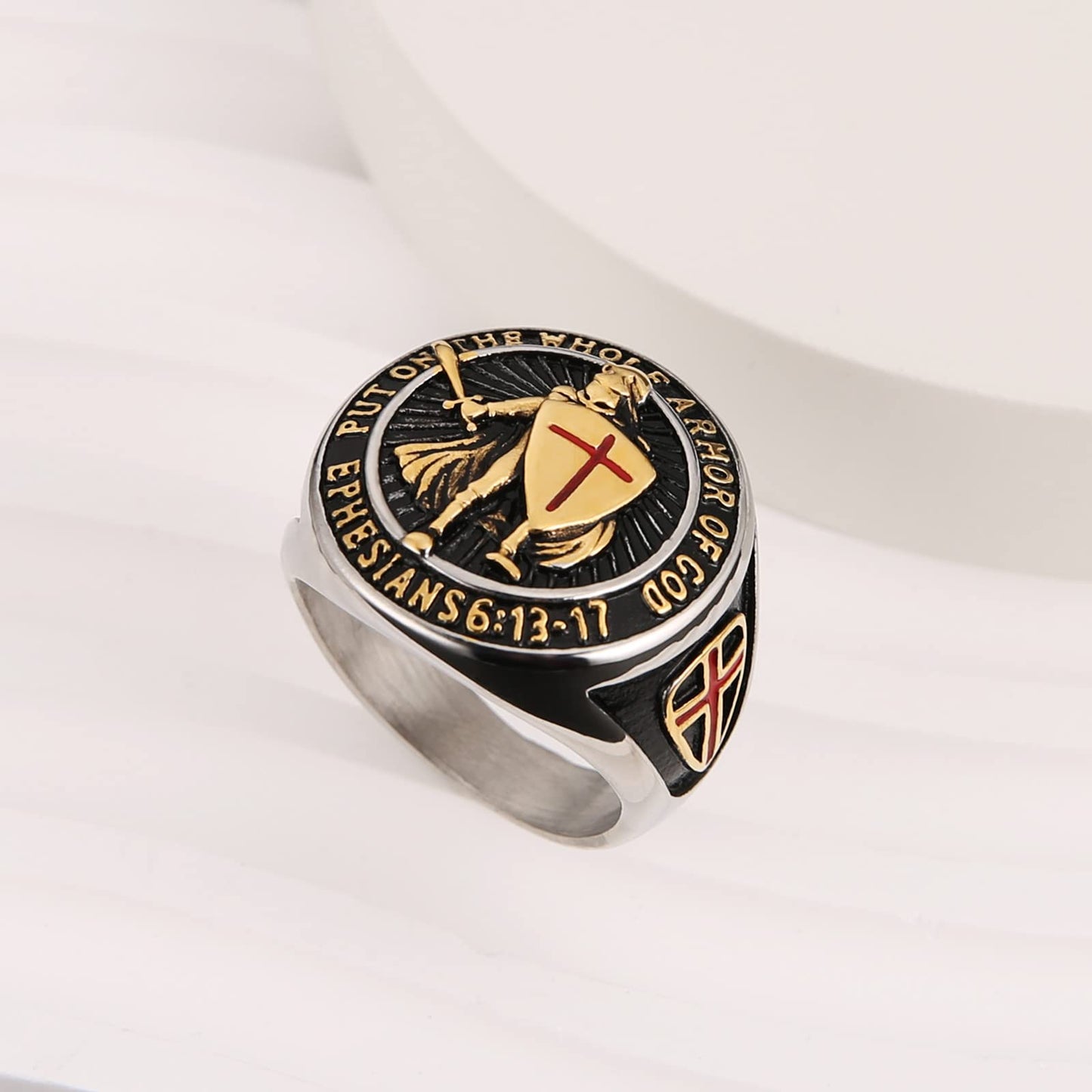 HZMAN Knights Templar Put On The Whole Armor of God Ephesians 6:13-17 Red Cross Design Men's Stainless Steel Ring (Silver&Gold,12)