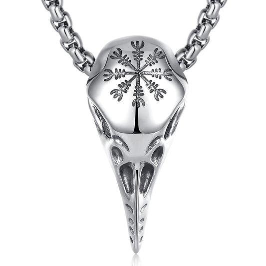 INFUSEU Raben Krähen Skull Kette, 925 Sterling Silber Schädel Totenkopf Vegvisir Wegweiser Symbol Lederkette Wikinger Viking Gothic Biker Damen Herren