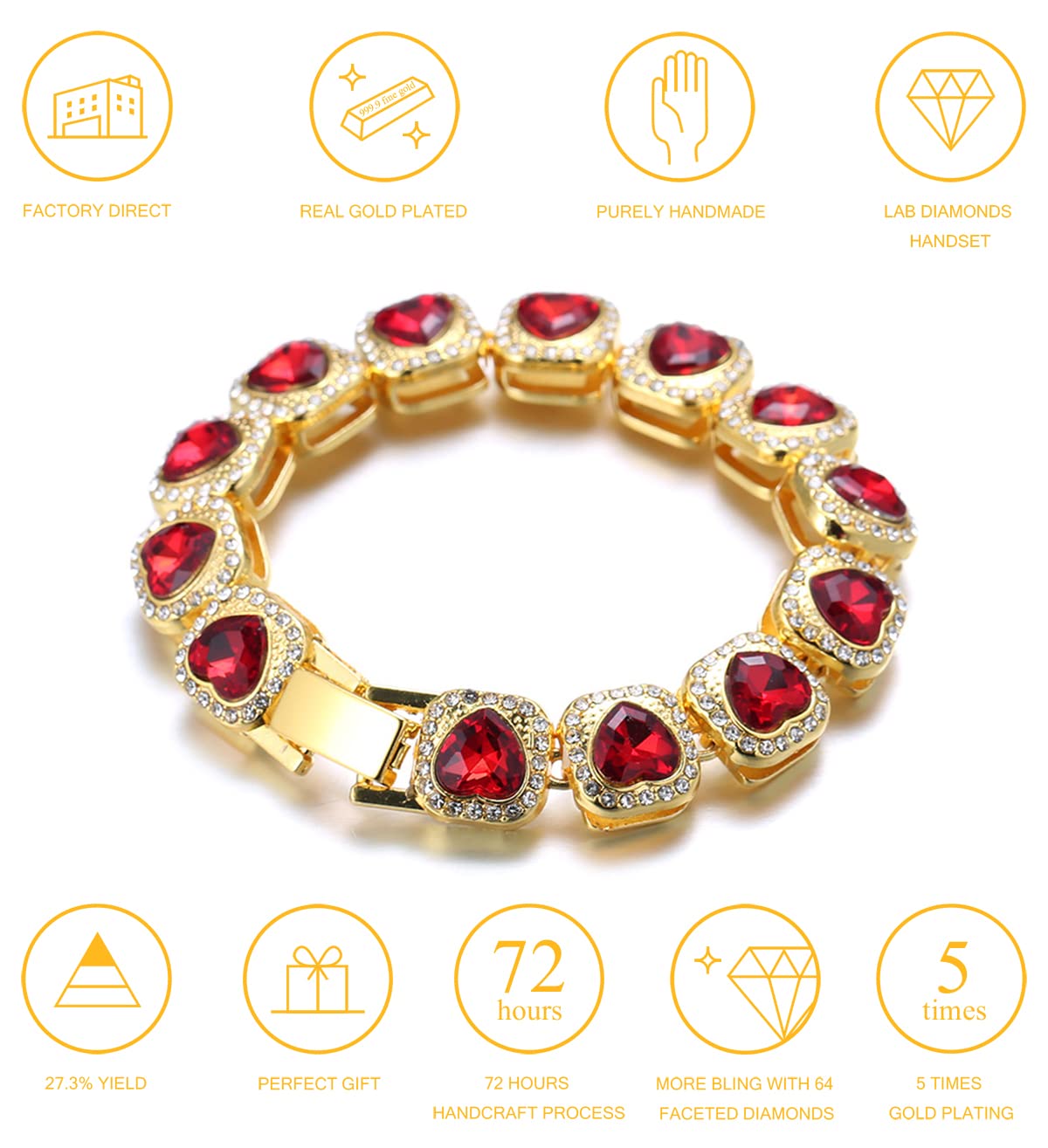 Halukakah Diamant Kubanische Kette für Männer,13MM 18k Echtgold Plattiert Liebendes Herz Rubin Diamant Armband 18cm,Zinken-Set Labordiamanten,mit Gratis Geschenkbox