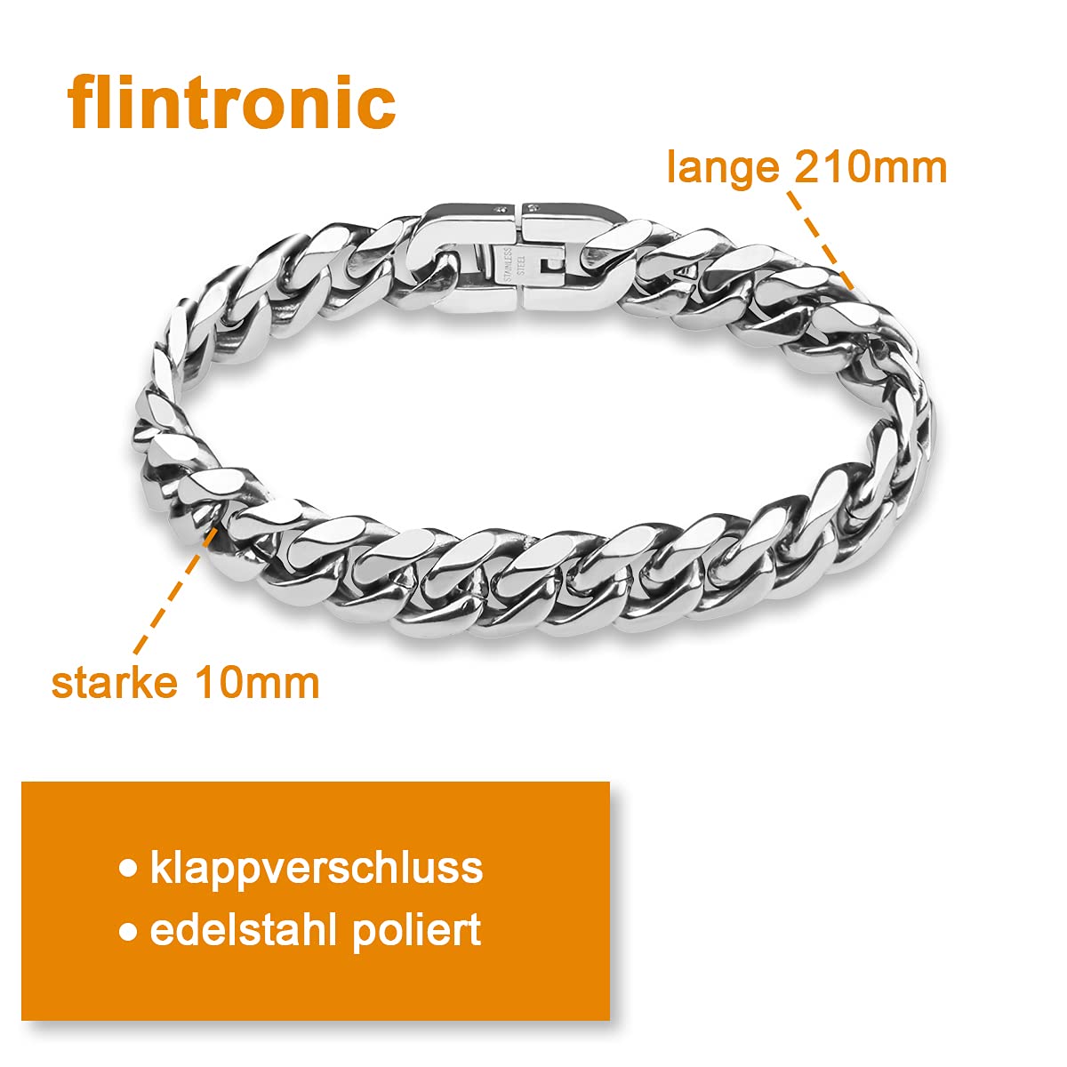 flintronic Armkette Herren Edelstahl, Herren Armband Panzerkette für Männer/Jungen, Schwer Glieder Cuban Link Armband, Armreif Hip Hop Rapper Modeschmuck 10mm Breit/21CM Lang