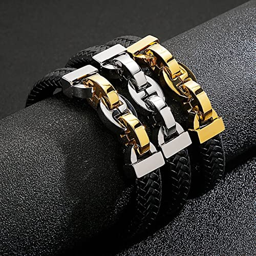 AMDXD Geschenke Für Männer Herren Armband, Leder Armbänder Jungen Gewebt Kette Herren Armbänder Gravur Gold Handhandgelenk Kette Edelstahl mit Magnet Verschluss, Länge 21.5cm