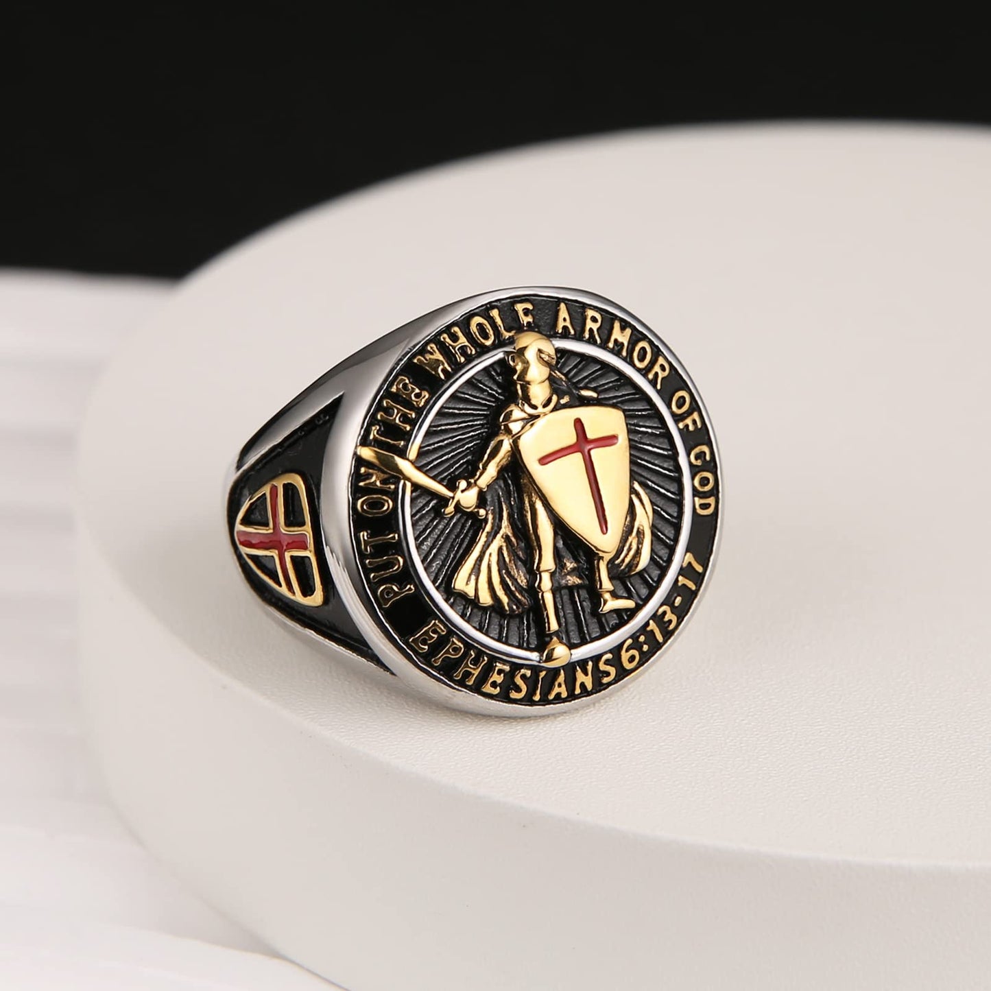 HZMAN Knights Templar Put On The Whole Armor of God Ephesians 6:13-17 Red Cross Design Men's Stainless Steel Ring (Silver&Gold,12)